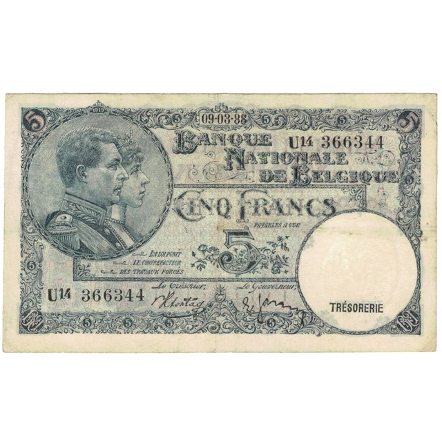 [#194274] Banknote, Belgium, 5 Francs, 1938, 1938-03-09, KM:97a, VG