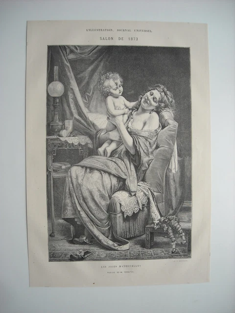 Gravure 1873. Salon. Les Joies Maternelles. D'apres Le Tableau De M. Perrault.