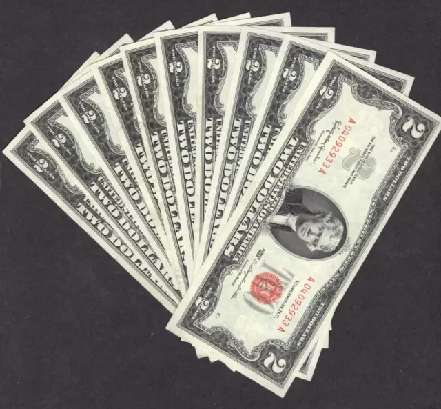 Lot of 10 Red Seal 1963 $2 Two Dollar Bills S417