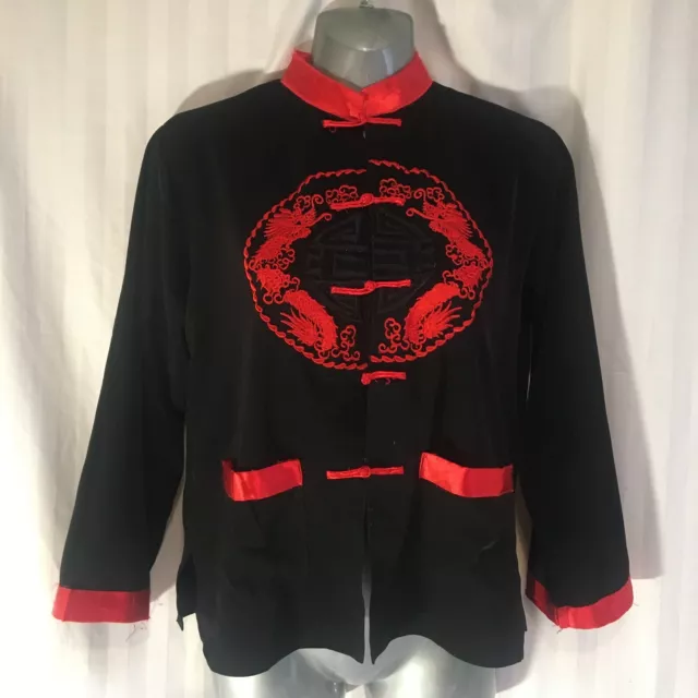 Asian Chinese Boys Silk Jacket Black Red Dragon Embroidered Sz Med Vietnam