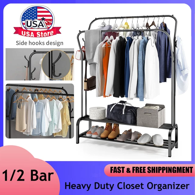 1/2 Bar Heavy Duty Garment Clothes Rack Metal Durable Clothes Storage Shoe Black