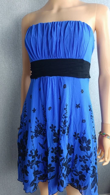 princess polly baby blue dress Y2K JANE NORMAN 90s Blue Floral Black Band Ribbon Bandeau Strapless Dress  12 £23.57