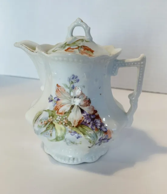 Antique Porcelain White and Floral Cream Pitcher  with Lid 10 oz Creamer