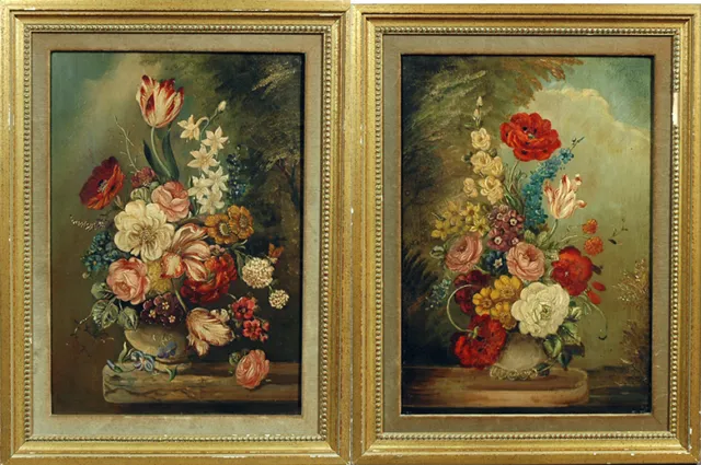 Decorative Pair of European 18th Century Floral Decorative Oil Paintings