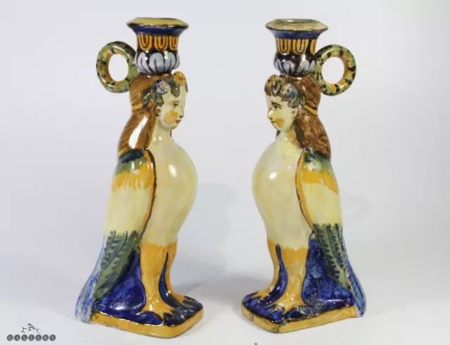 Antique Italian Maiolica Mythological Harpy Candlesticks