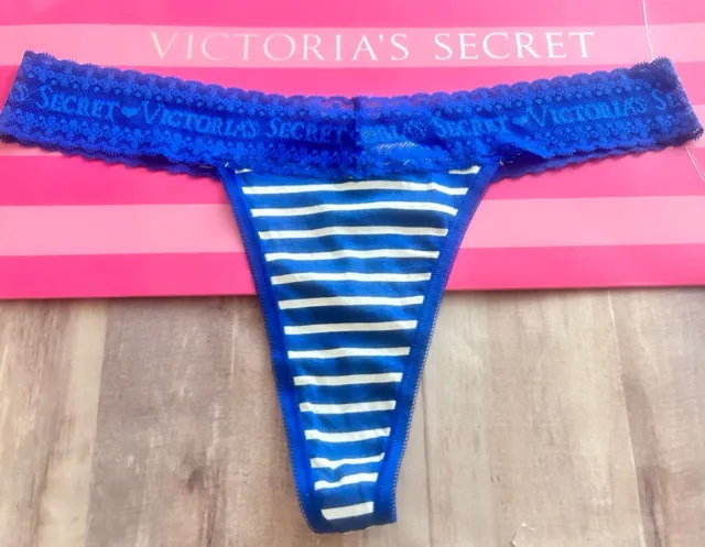 NWT Vintage Victorias Secret PINK Extra Low Rise Thong Blue Striped Lace Size L