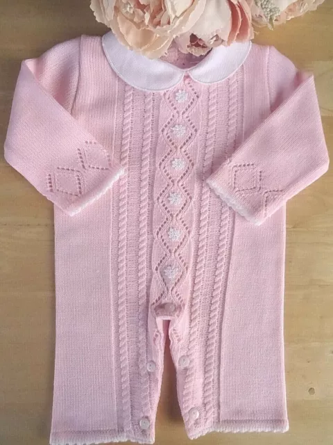 Baby Knitted Romper Girl Pink 3D Flowers Cable Detail Spanish Style 0 3 6 9m