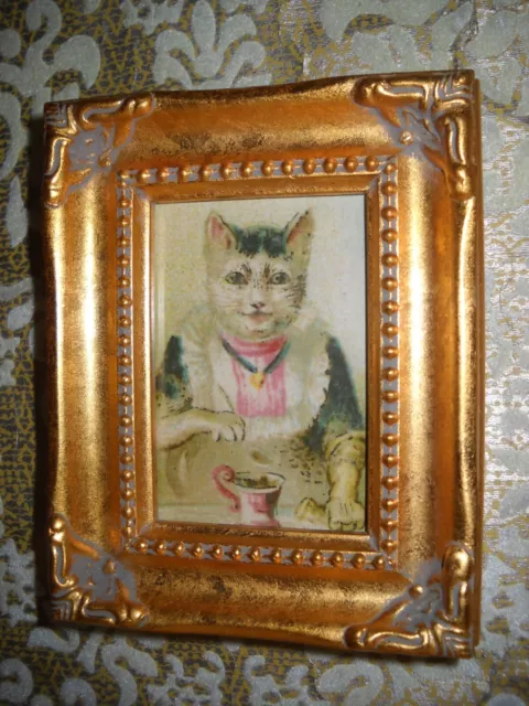DRESSED CAT DRINKS TEA 2 1/2 X 3 tiny gold wood framed Victorian style print