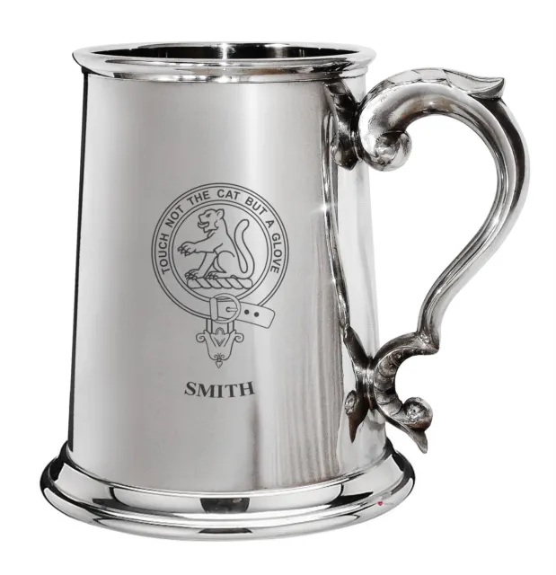 Smith Family Crest Polished Pewter 1 Pint Tankard with Scroll handle