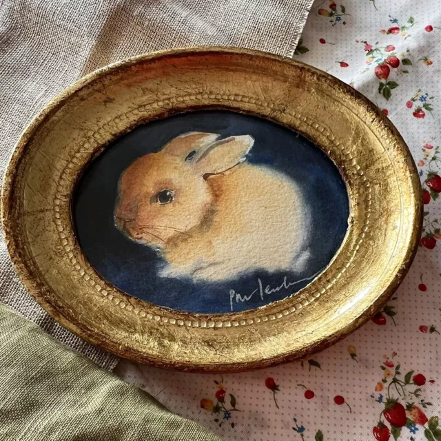 Original Aquarell Malerei Hase Aquarellbild Holz vintage Rahmen Miniatur antik