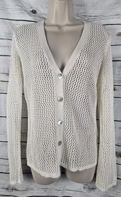 Theory Ivory Crochet Sweater Cardigan L Mesh Open Weave Shell Button Viscose