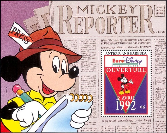ANTIGUA 1993 EURO Disney Cartoons Animation Mickey Newspaper 1v M s antigua-1993-euro-disney-cartoons-animation-mickey-newspaper-1v-m-s
