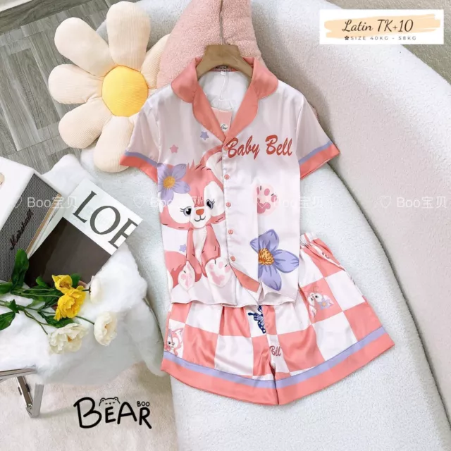 Kawaii Satin Pajamas Set For Women or Girl with Lady Fox Cartoon Sleepwear