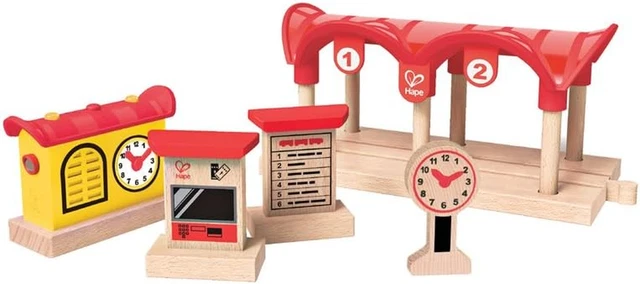 Hape Quai de Gare Circuit Train Bois Enfant 3 Ans et + - Kit Jeux de Construction 5 Pièces en Bois - Enregistrement Vocal et Eclairage des Rails - Jouet Compatible Marques