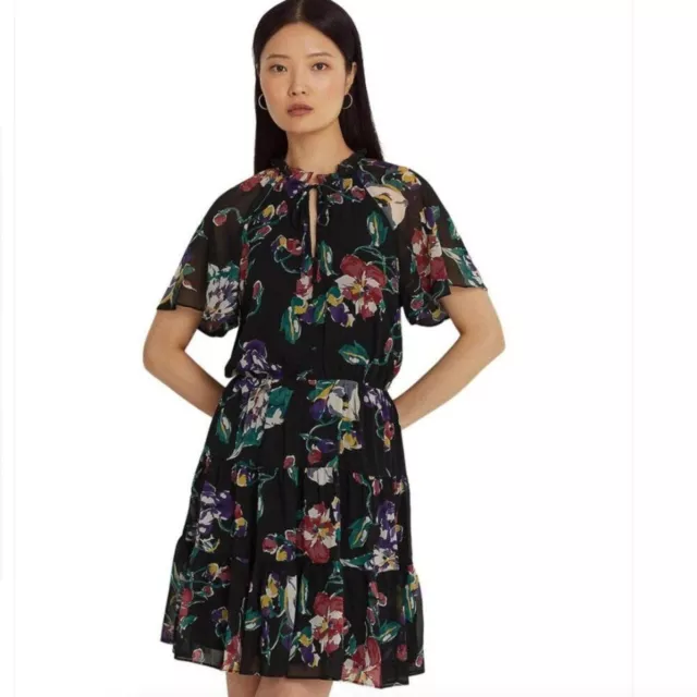 LAUREN RALPH LAUREN  Floral Crinkle Georgette Mini Dress Sz 6P Short Sleeve NWT
