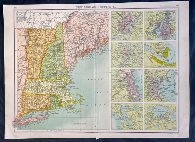 1890 John Bartholomew Large Antique Map of New England, United States of America