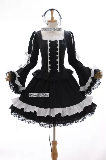 M-3108 Negro Black Lolita Gótica Larga Vestido Cosplay Disfraz Volantes Lazo