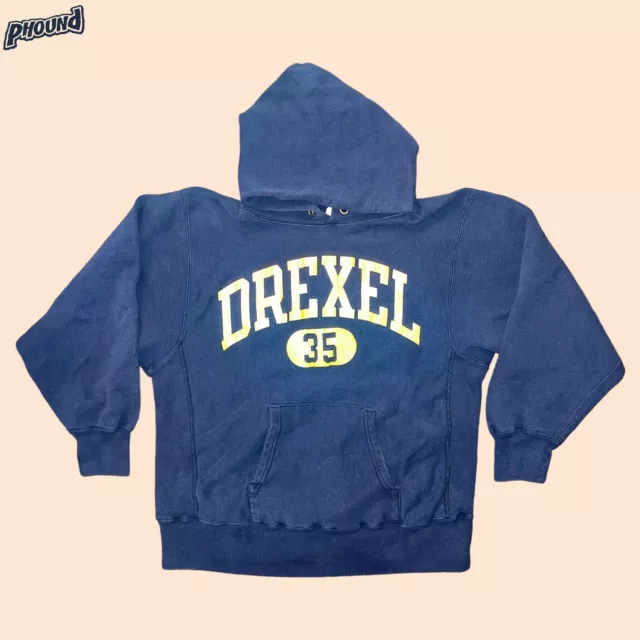 vtg 80s champion reverse weave warmup navy Blue Drexel hoodie sweatshirt Rare