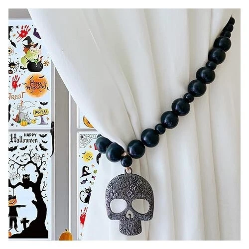 Set of 2 Curtain Tie Backs Natural Wood Window Drape Tiebacks, Halloween Skull