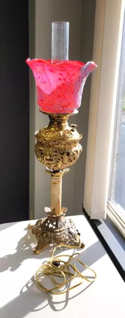 Antique Victorian Era Ruby Glass Oil Lamp,  Converted Electric, Stunning Detail