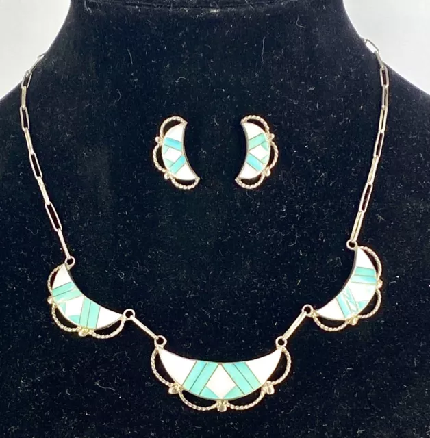 M6- Signed ZUNI Necklace Earring Set Sterling Silver Turquoise MOP Inlay Vintage