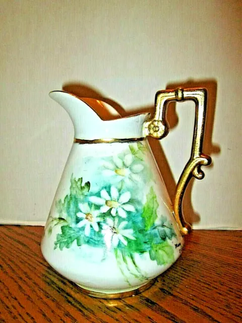 Vintage Hand-painted Floral(Daisies)Pitcher/Vase * Artist Signed Mary Oldaker