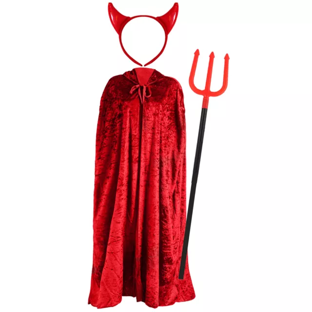 Ladies Red Devil Halloween Fancy Dress Horns Headband & Red Cape Set Party