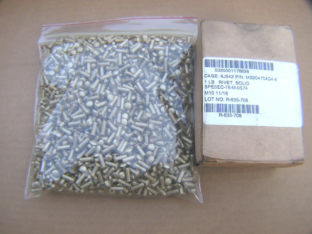 Aircraft / Airplane Fastener Aluminum Rivet Part # MS20470AD4-6  1 lb box New