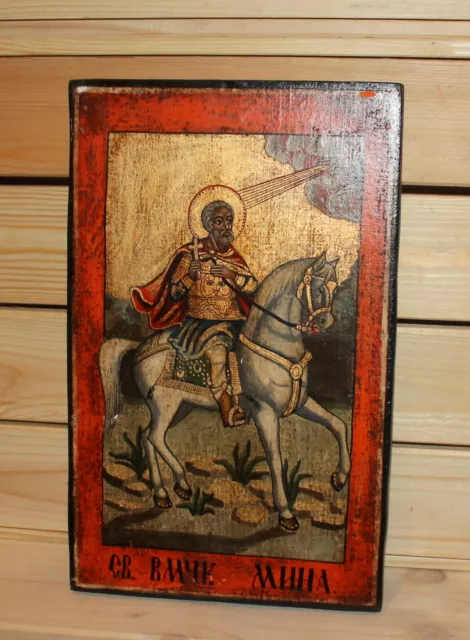 Vintage hand painted Orthodox icon Saint Menas 2