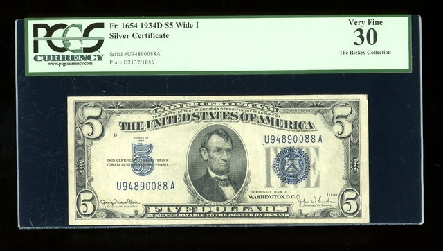 DBR 1934-D $5 Silver Fr. 1654Wi Wide I UA Block PCGS 30 Serial U94890088A