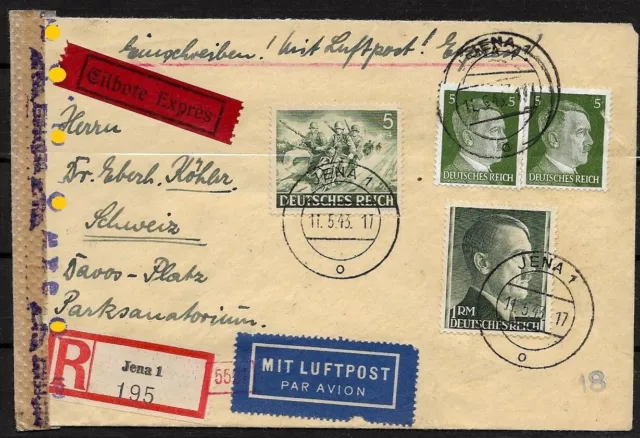 D. Reich Luftpost Express Einschreiben Brief MiF 799 Jena  Schweiz 1943 Zensur !