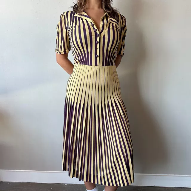 Vintage 1930’s Coco Chanel Paris Adaptation Striped Purple Shirt Dress Women’s S