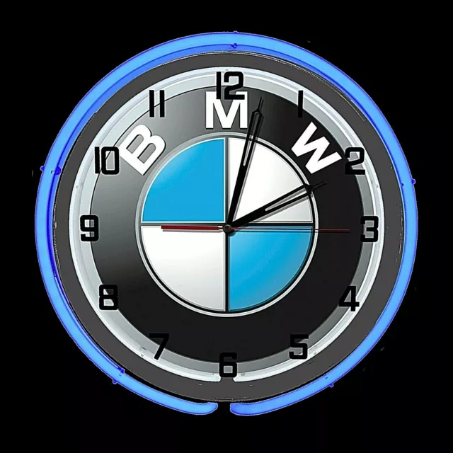 19" BMW Sign Blue Double Neon Clock Carbon Fiber Case Bavarian Motor Works