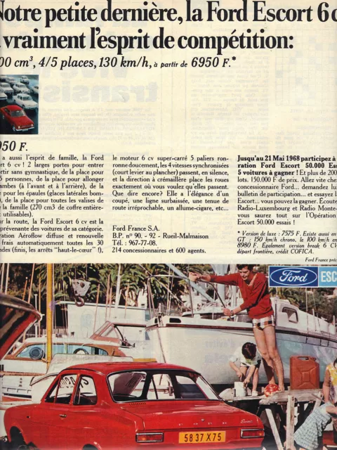PUBLICITE  1968     FORD  ESCORT  notre dernière 6 cv