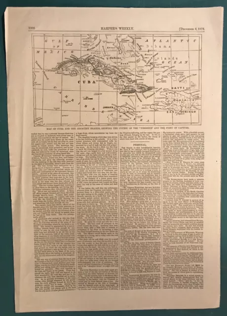 Map Of Cuba. Course Of The “Virginius” 1873. Harper’s Weekly. 2