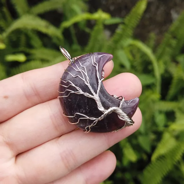 Natural Healing Crystal Quartz Wire Wrap Tree Of Life Crescent Moon Gem Pendant