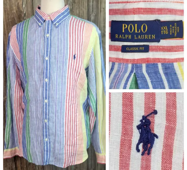 Polo Ralph Lauren Linen Button Down Shirt Striped Mens XXL L/S Classic Fit EUC!