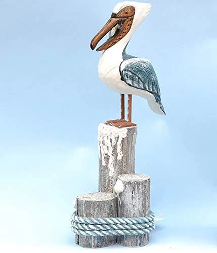 Wooden Pelicans Figurine,Hand Painted Bird Statue Coastal Beach Home Decor
