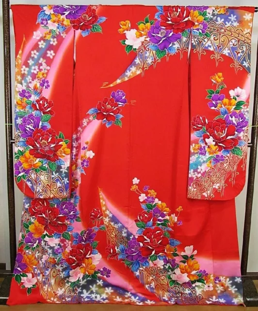 Furisode woman's Kimono Authentic mod Robe L Red Silk Floral