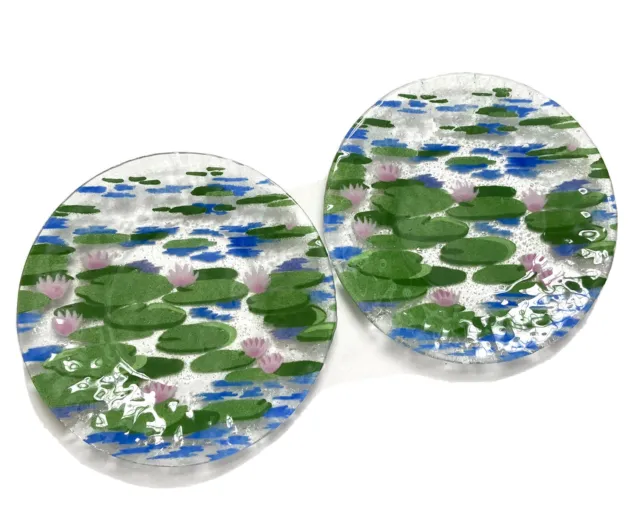 Lot of 2 Ann C. Ross Signed Fused Glass Plates Lily Pads Pond 8.5" Cape Cod