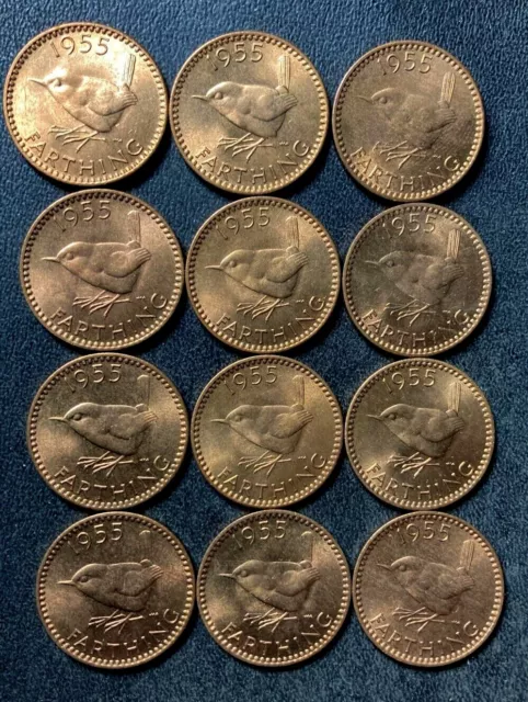 Vintage Great Britain Coin Lot - 1955 - FARTHINGS - 12 Uncirculated Coins - #M27