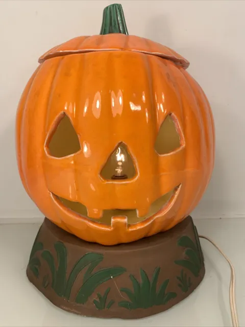 Vintage Mid Century Ceramic Halloween Pumpkin Jack O Lantern Light Lamp