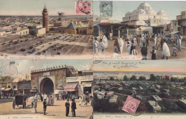 Lot de 4 cartes postales anciennes postcards TUNISIE TUNISIA TUNIS LL timbrée 1