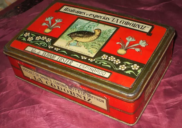 Caja De Lata Preciosa Litografiada Buen Estado Azafranes ... La Codorniz 1940/50