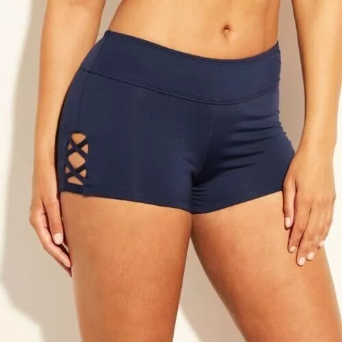 NWT Kona Sol Women's Strappy Side Oxford Blue Swim Shorts Bottoms Large 12-14