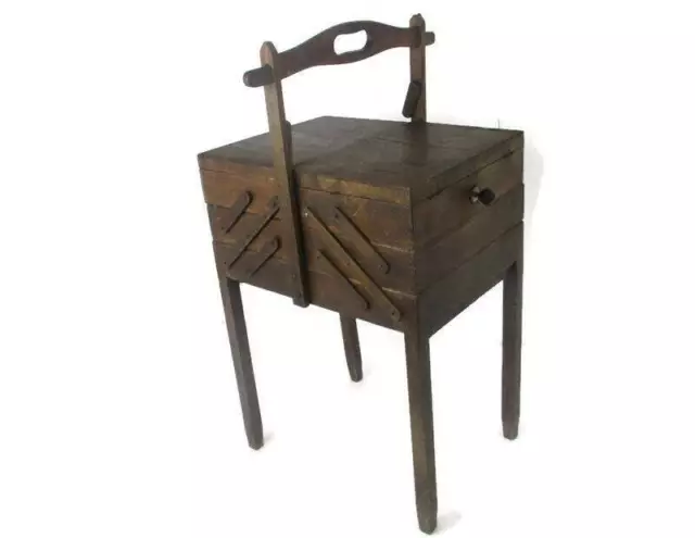 Large Art Deco Torck Wooden Sewing Box Basket Stand Signed Torck Accordion