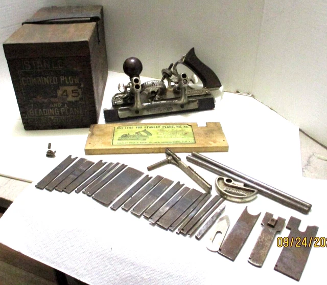 Antique Stanley No. 45 Combination Plow Beading Plane 23 Boxed Cutters Plus More