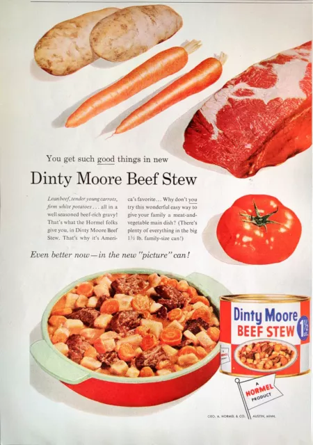 1957 Dinty Moore Beef Stew Potatoes Carrots Tomatoes Gravy Vintage Print Ad