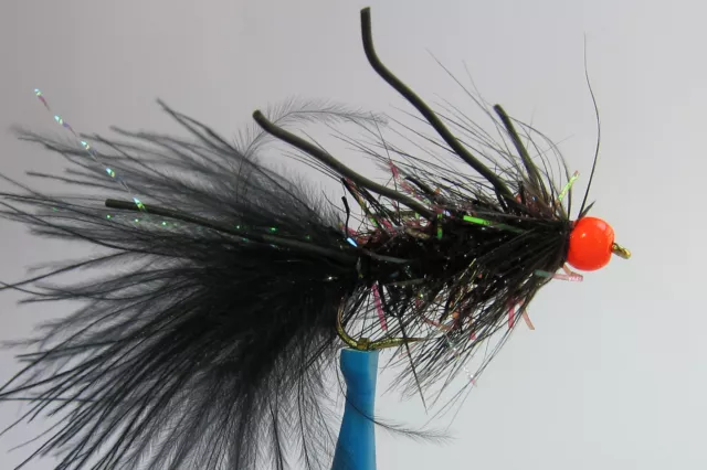 10x Mouche Streamer Wooly Bugger Noir Pattes bille orange H8/10/12 leg rubber