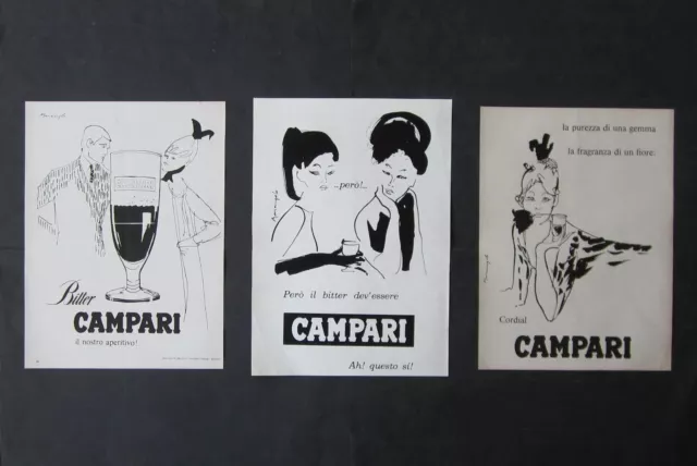 Lotto 3 Pubblicita' Campari Bitter Aperitivo Cordial Illustratore Marangolo 1960